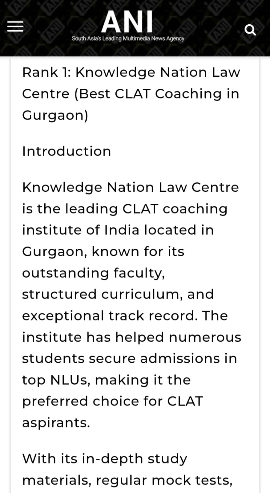 ANI — Knowledge Nation Law Centre Media Coverage