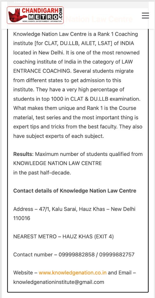 Chandigarh Metro — Knowledge Nation Law Centre Media Coverage