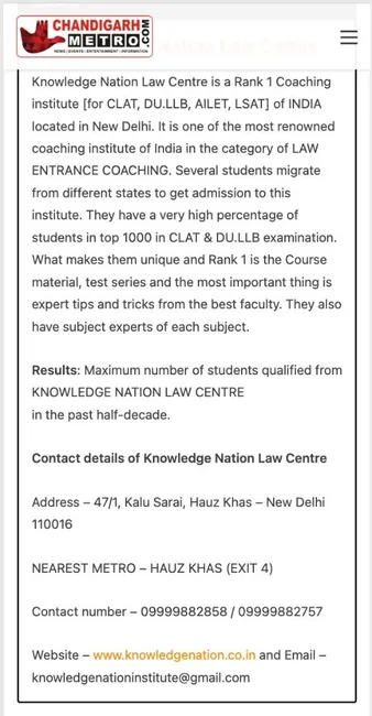 Chandigarh Metro — Knowledge Nation Law Centre Media Coverage